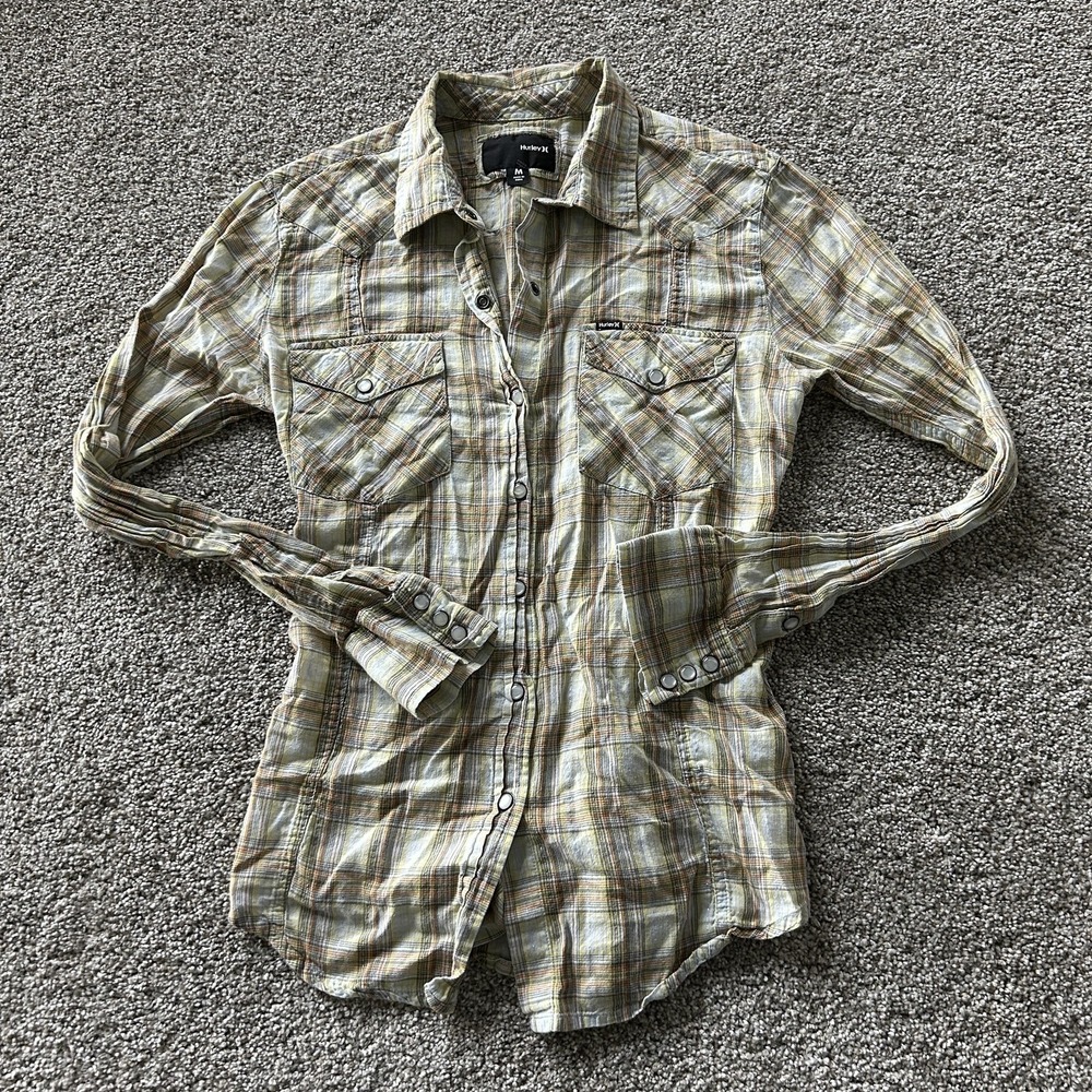 Hurley Shirt Womens Medium Yellow Plaid Snap Button Long Sleeve Lightweight Top